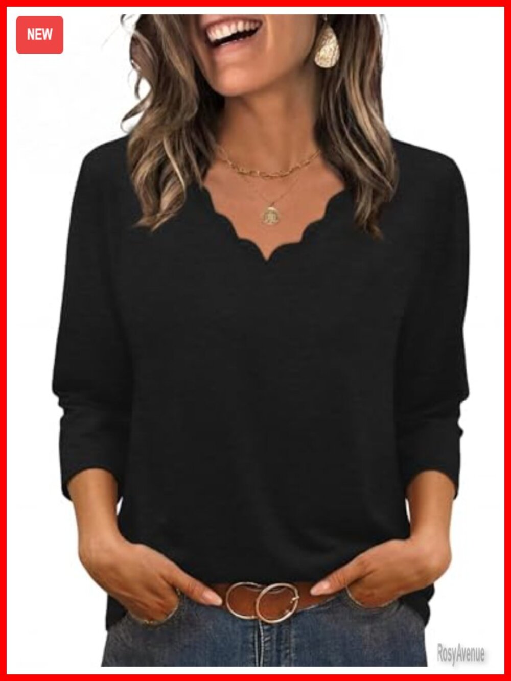 Womens 3/4 Sleeve Scalloped V Neck Blouse Loose Casual Tunic Top